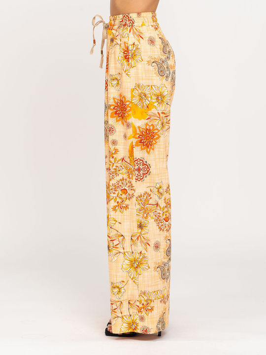 Abita Women's High-waisted Fabric Trousers with Elastic Straight Line Floral Orange