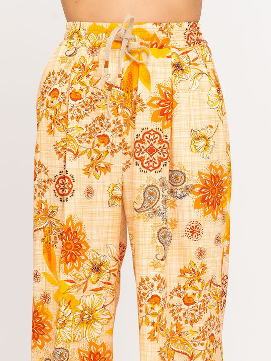 Abita Women's High-waisted Fabric Trousers with Elastic Straight Line Floral Orange