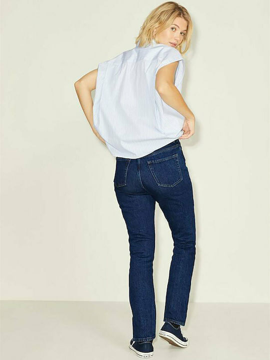 High Waist Women's Jean Trousers in Slim Fit Dark Blue Denim