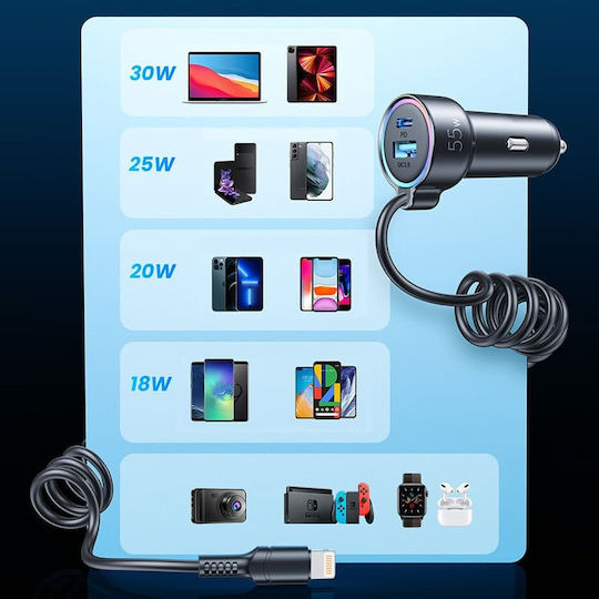 Joyroom Φορτιστής Αυτοκινήτου 45W με Θύρες: 1xUSB 1xType-C μαζί με Καλώδιο Lightning Μαύρος