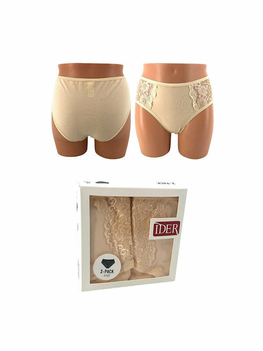 IDER Baumwolle Damen Slip 2Pack mit Spitze Beige