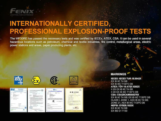 Fenix Rechargeable Flashlight LED IP68 with Maximum Brightness 280lm WF30RE ATEX Black