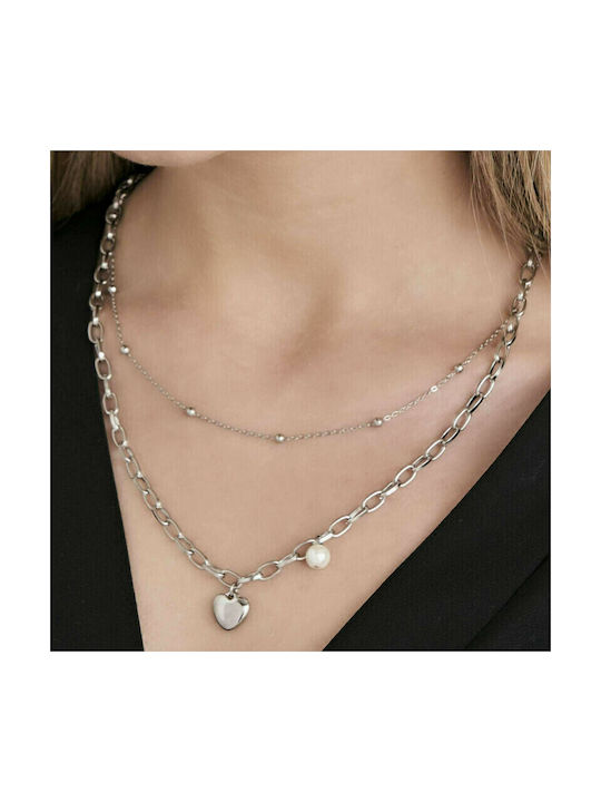 Luca Barra Halskette Doppelter mit Design Herz aus Vergoldet Stahl mit Perlen Frühling
