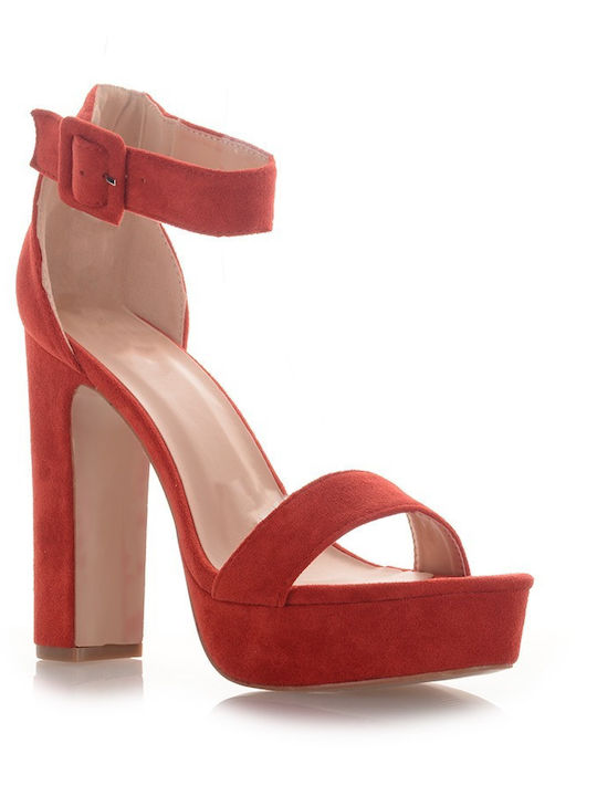 Famous Shoes Γυναικεία Πέδιλα με Χοντρό Ψηλό Τακούνι σε Κόκκινο Χρώμα