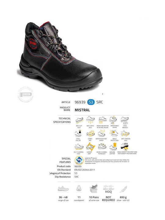 Panda Safety Mistral Ankle Αδιάβροχο Μποτάκι Ασφαλείας Μαύρο S3 με Πιστοποίηση SRC