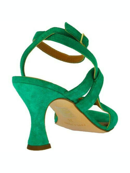 Paola Ferri Suede Women's Sandals Green with Thin High Heel