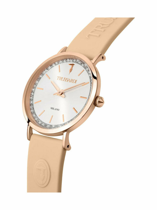 Trussardi T-Motif Γυναικείο Ρολόι 33mm Μπαταρίας με Μπεζ Καουτσούκ Λουράκι