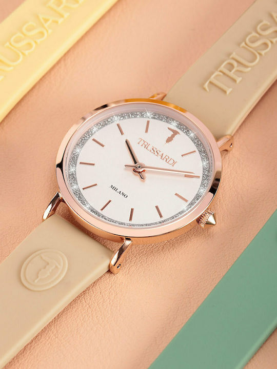 Trussardi T-Motif Γυναικείο Ρολόι 33mm Μπαταρίας με Μπεζ Καουτσούκ Λουράκι