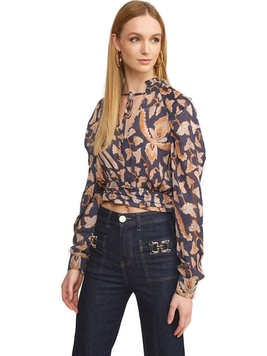 Women's Crop Top Long Sleeve with V Neckline Floral Navy Blue