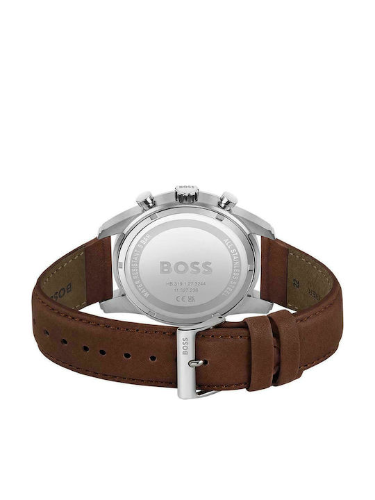 Boss Herrenuhr 43mm Chronograph Batterie mit Braun Lederarmband