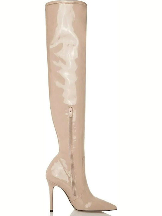 Damenstiefel aus Lackleder mit hohem Absatz Beige