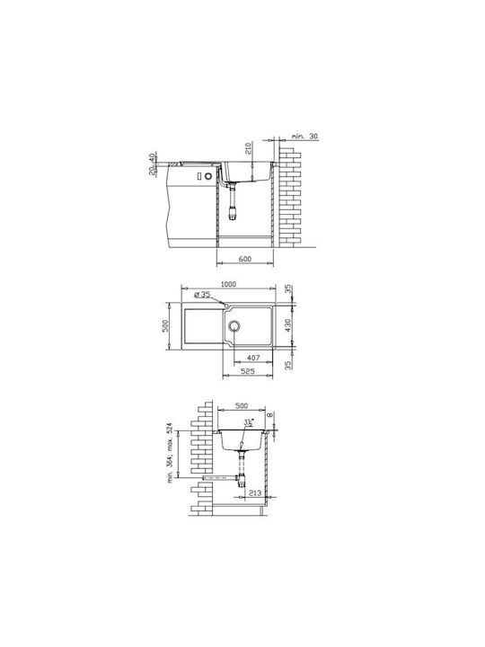 Duralit KS105 KS105-500 Drop-In Sink Synthetic Granite W100xD50cm Beige Avena