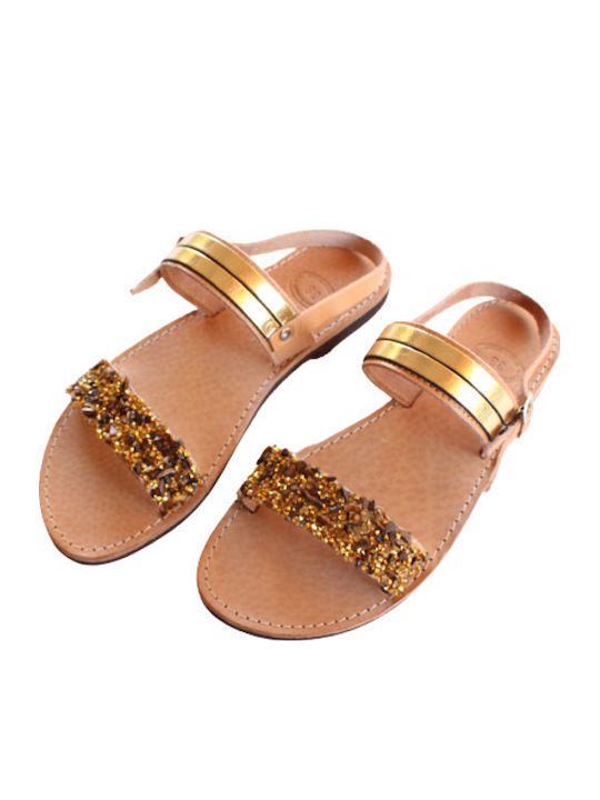 Leather Women's Flat Sandals in Gold Color