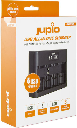 Jupio USB Ladegerät 4 Batterien Ni-MH Größe AA/AAA/9V/D