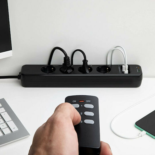 Navaris Захранваща лента Безопасност 4 Позиции с 2 USB-A, 1 USB-C, Дистанционно управление и Кабел 1.5м Черен
