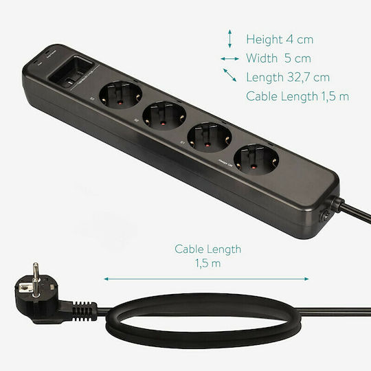 Navaris Захранваща лента Безопасност 4 Позиции с 2 USB-A, 1 USB-C, Дистанционно управление и Кабел 1.5м Черен