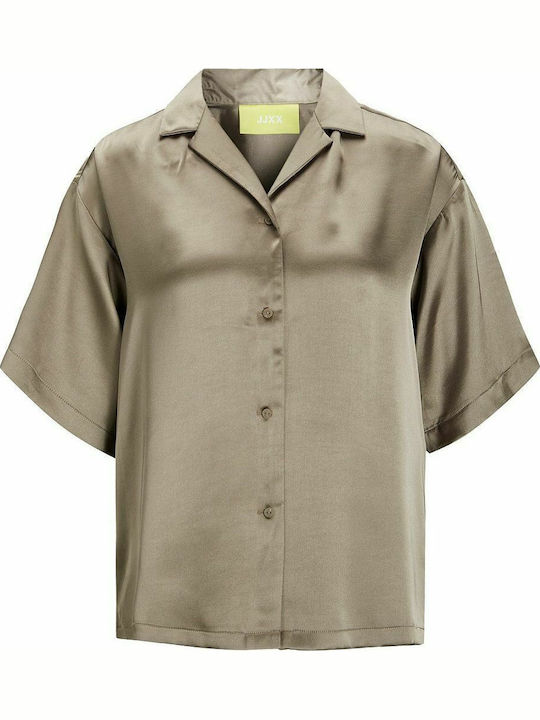 Women's Satin Monochrome Short Sleeve Shirt Beige