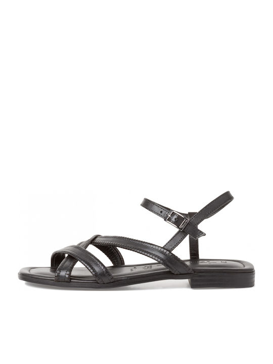 Leather Women's Flat Sandals with Strap in Black Color