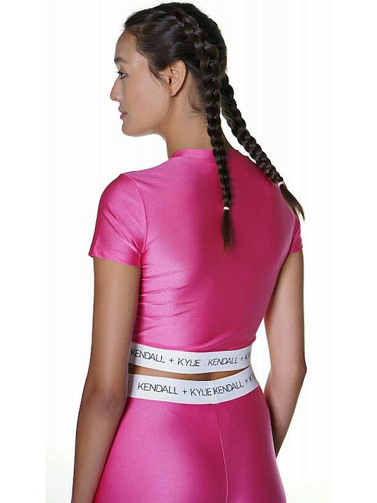 Kendall + Kylie Crop Top Sportiv pentru Femei cu Mâneci Scurte Fuchsia