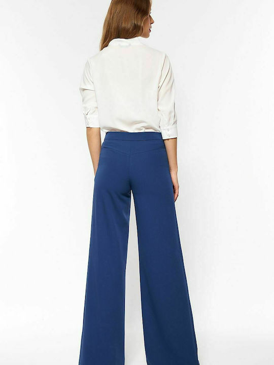 Nife Women's Fabric Trousers in Palazzo Fit Navy Blue