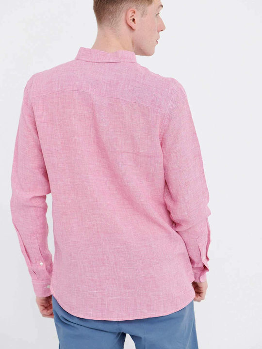 Funky Buddha Men's Shirt Long Sleeve Linen Checked Pink