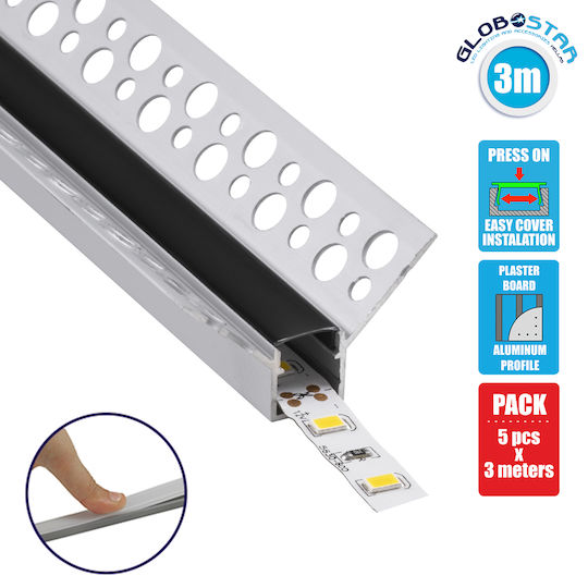 GloboStar Set 5buc Îngropate Profil din Aluminiu pentru Benzi LED Unghiulare cu Opal Acoperire pentru Gips-carton 300x4.4x2.7cm.
