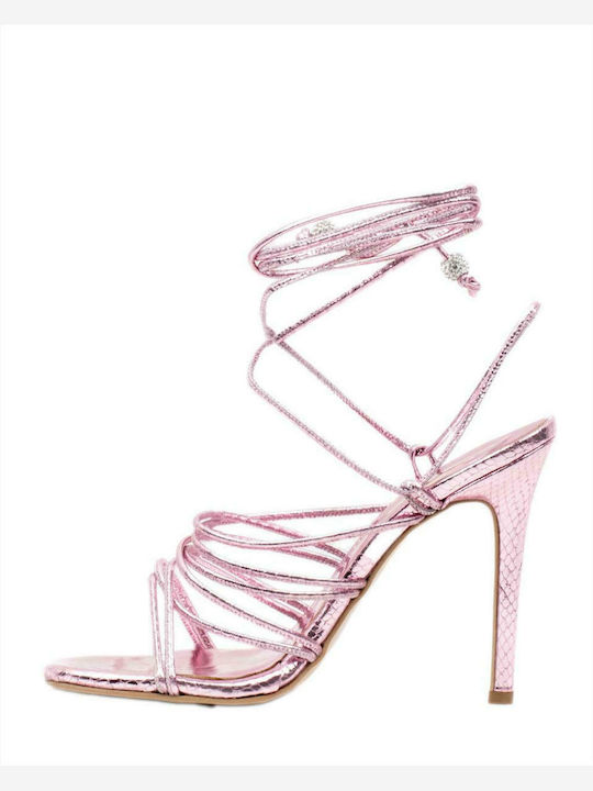 Sante Women's Sandals with Laces Pink with Thin High Heel