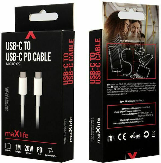 Maxlife USB 2.0 Cable USB-C male - USB-C 20W PD Λευκό 1m MXUC-05W1