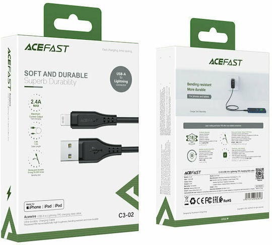 Acefast C3-02 Редовна USB-A към Lightning кабел Черен 1.2м