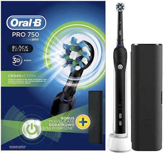 Oral-B Pro 750 CrossAction Black Edition Ηλεκτρική Οδοντόβουρτσα με Χρονομετρητή και Θήκη Ταξιδίου Μαύρη
