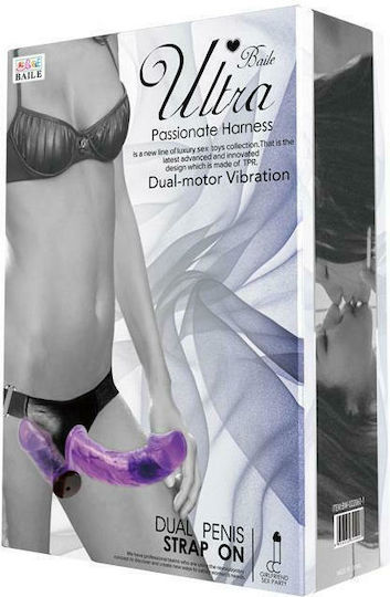 Baile Multi Speed Vibrating Lesbian Wearable Dual Dildo Harness με Διπλό Dildo 17.5cm και Δόνηση σε Μωβ Χρώμα