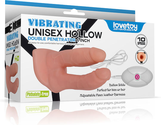 Lovetoy Unisex Hollow Strap On Harness with Double Dildo 18cm in skin color