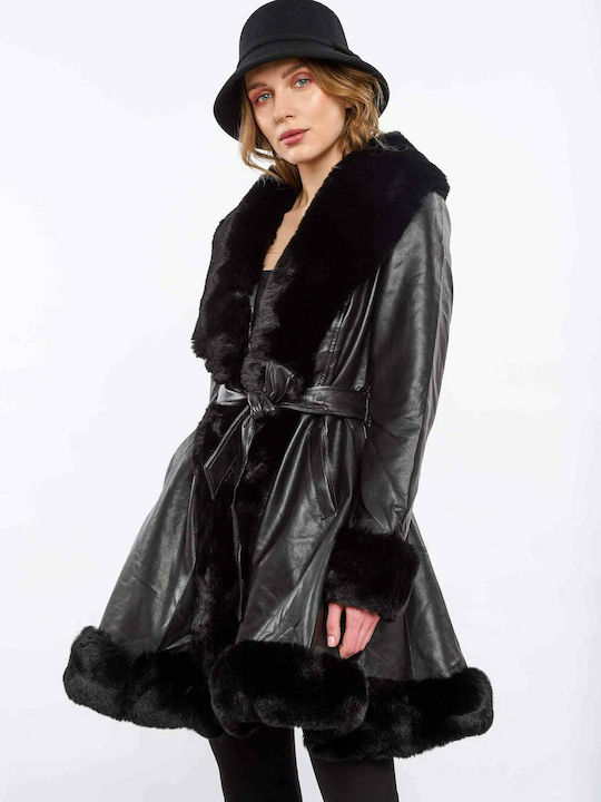 Leather midi coat with matching belt and fur collar BLACK
