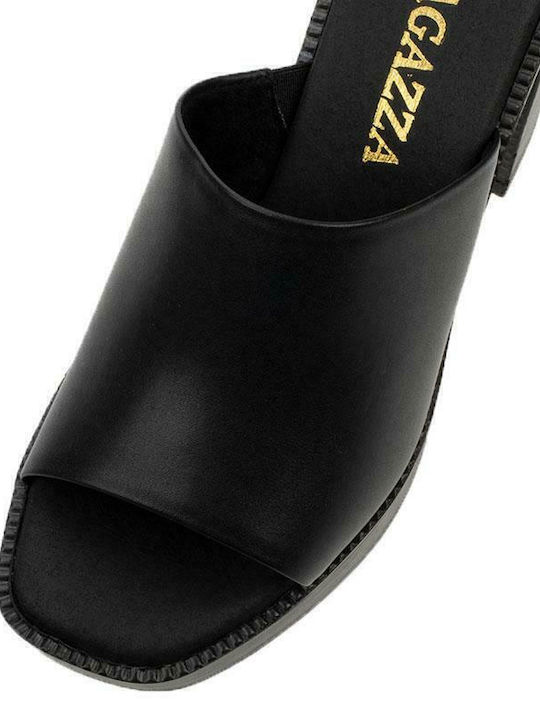 Leather Mules with Chunky High Heel in Black Color