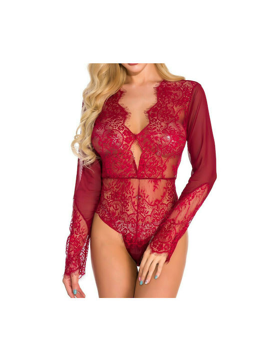La Lolita Amsterdam Lingerie Long Sleeve String Bodysuit with Lace Red