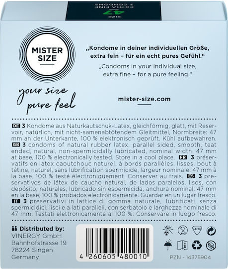Mister Size Προφυλακτικά Extra Fine Size 47mm 3τμχ 47mm Λεπτά για Φυσική Αίσθηση Natural Vegan