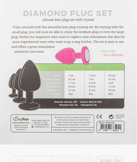 Easytoys Silicone Buttplug Set with Diamond Πρωκτικές Σφήνες Σετ Pink 7cm 3τμχ