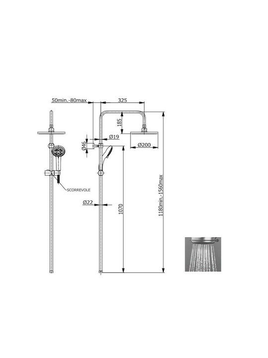 Tema Ρυθμιζόμενη Στήλη Ντουζ με Μπαταρία 118-156cm Ασημί