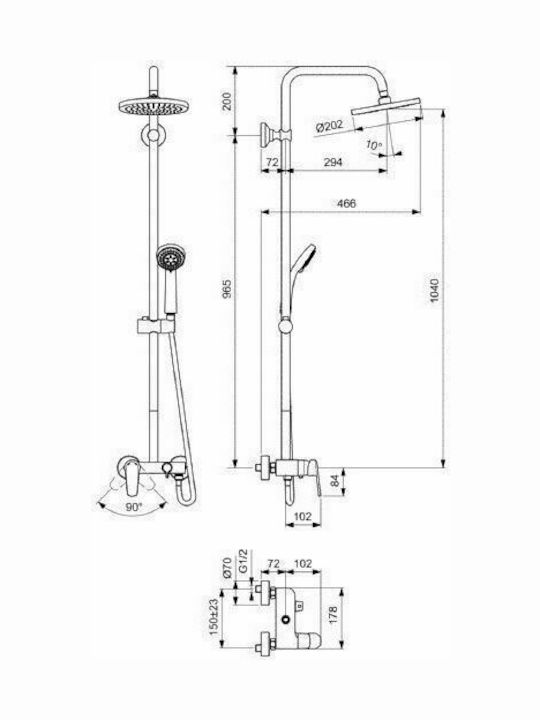 Ideal Standard Seva Adjustable Shower Column with Bathtub Mixer 96.5cm Silver