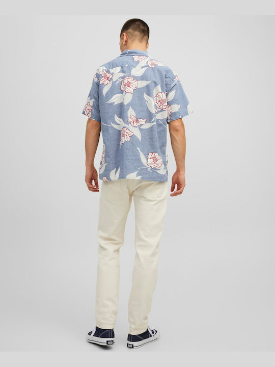 Jack & Jones Herrenhemd Kurzärmelig Leinen Blumen Hellblau