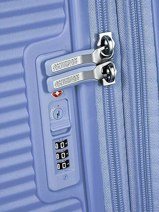 American Tourister Soundbox Spinner Expandable Medium Hard Purple Suitcase With 4 Wheels Height 67cm