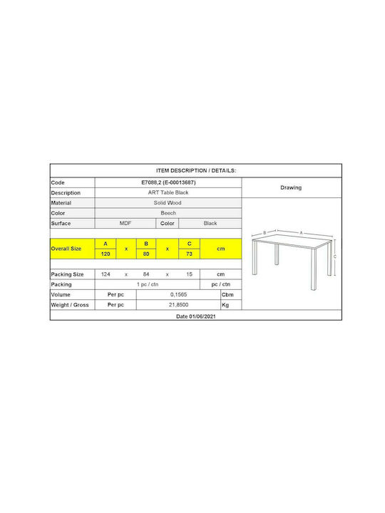 Art Table Kitchen Wooden 120x80x73cm