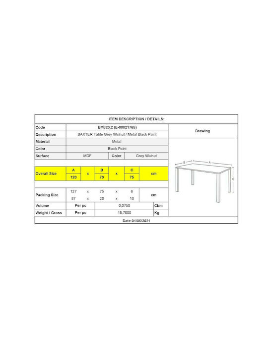 Baxter Table Dining Room Wooden with Metal Frame Grey Walnut 120x70x75cm