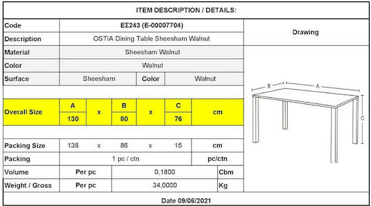 Ostia Маса За Трапезария Орех 130x80x76см