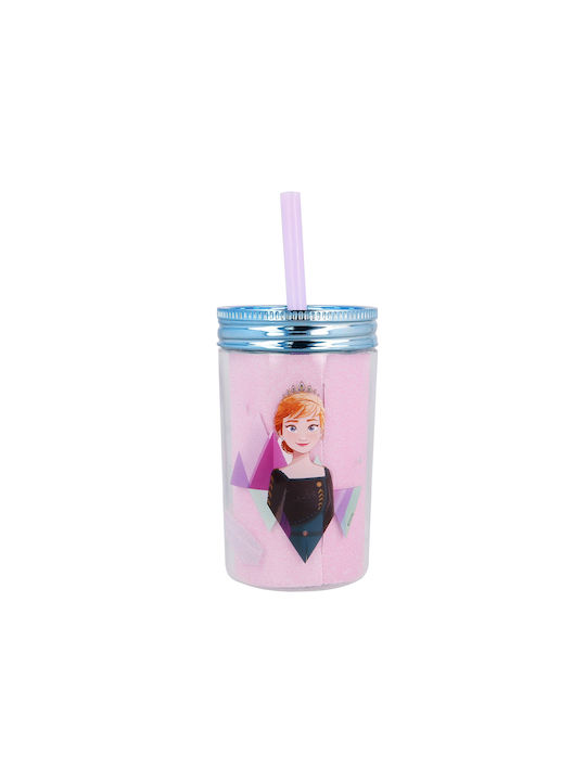 Stor Frozen II Glass Water made of Plastic in Pink Color with straw 370ml