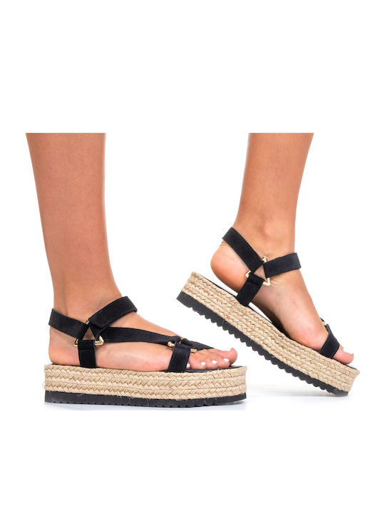 Leather Women's Flat Sandals with Strap Flatforms in Black Color