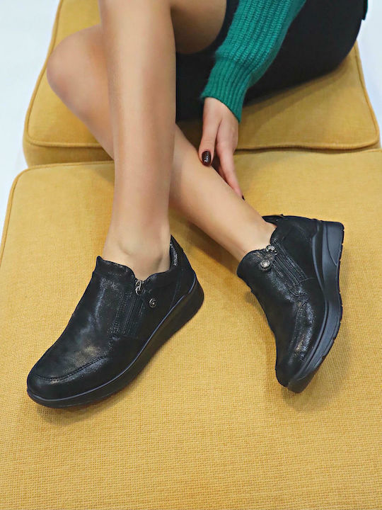 Ανατομικά Γυναικεία Slip-On Δερμάτινα Μαύρα