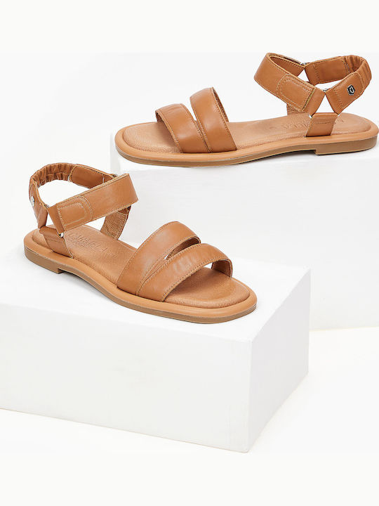 Leather Women's Flat Sandals with Strap in Tabac Brown Color