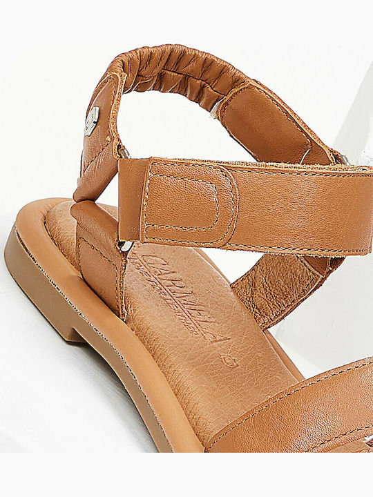 Leather Women's Flat Sandals with Strap in Tabac Brown Color