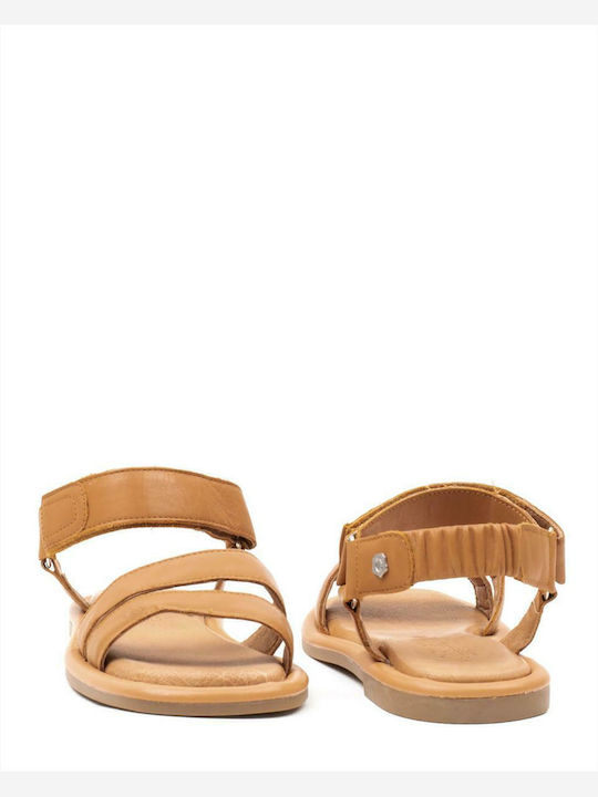 Leather Women's Flat Sandals with Strap in Tabac Brown Color